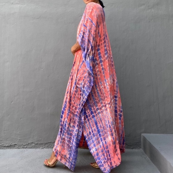 Pink Boho Tie Dye Kaftan Kimono Coverup Dress - Picture 4 of 5